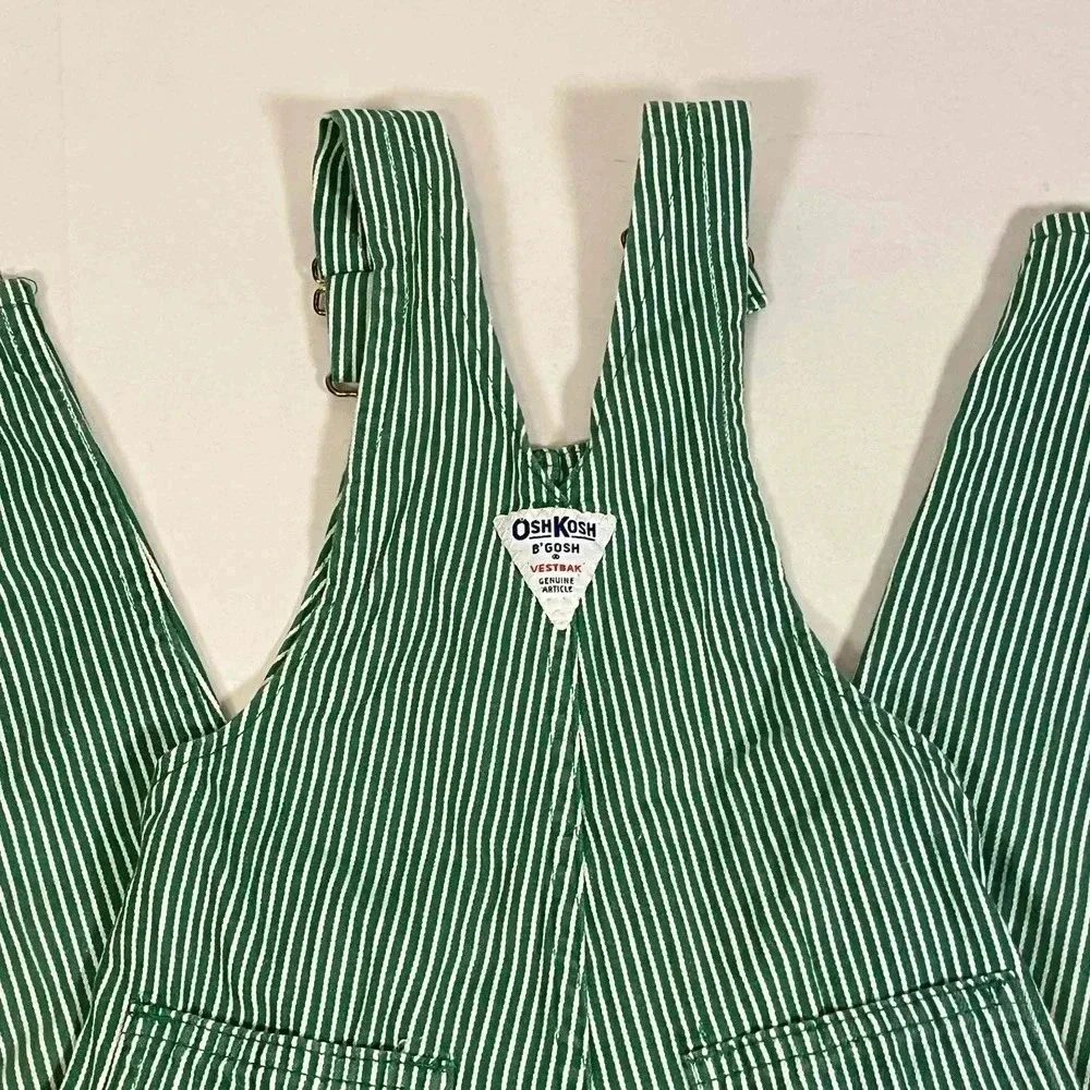 Vintage 80s 90s Osh Kosh Bgosh Green Railroad Striped Bib Overalls Kids Size 4